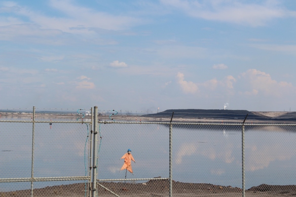 A scarecrow stands guard to prevent birds from landing on an oilsands tailings pond.